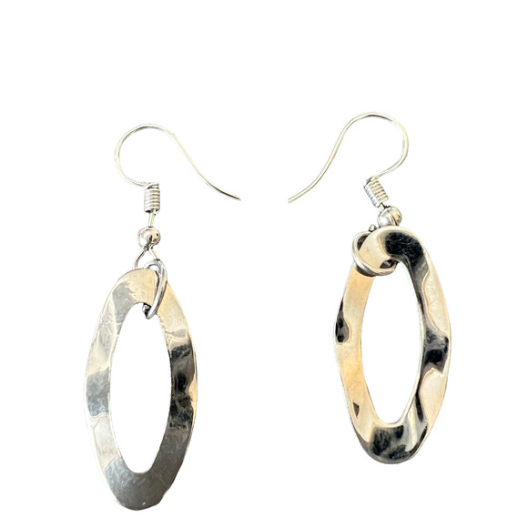 Open Oval Silver Tone Dangle Fashion Earrings 1" inch approx. - Picture 1 of 4